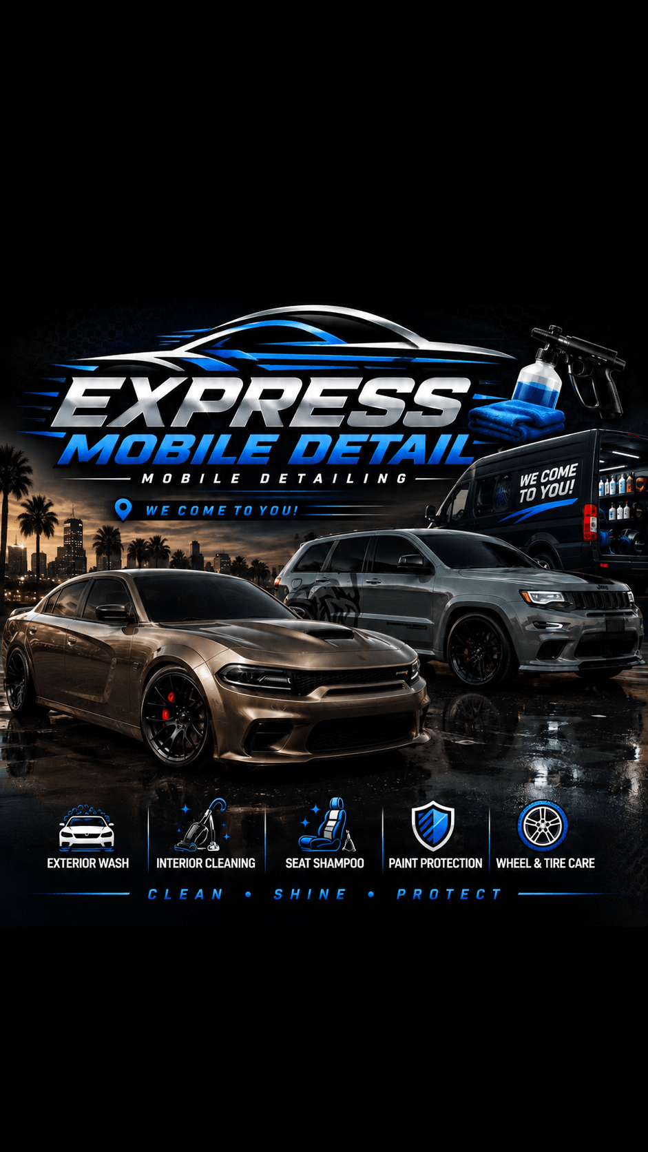 Express Mobile Detail brand poster featuring mobile detailing vehicles and car care services