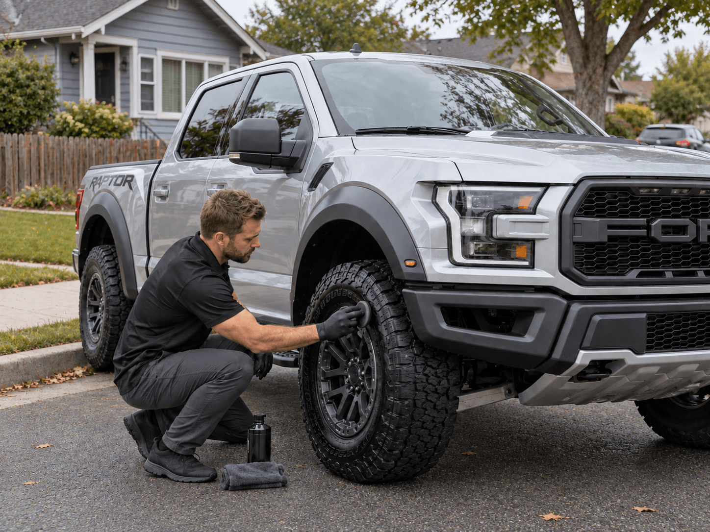 Detailer working on a silver pickup truck tire in a driveway