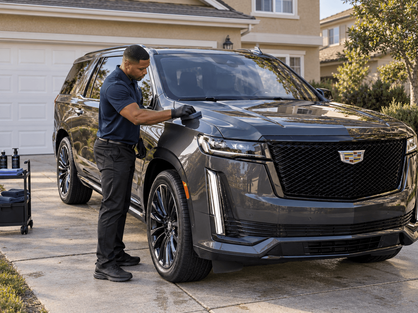 Detailer applying coating to a dark SUV in a driveway
