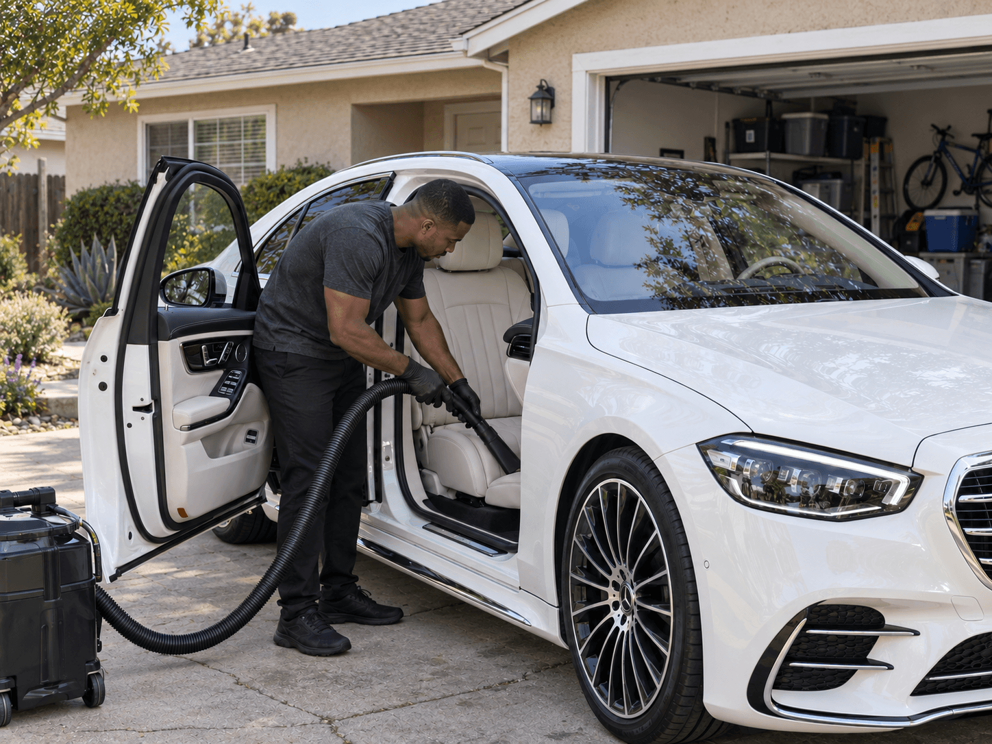 Detailer vacuuming a white vehicle interior in a driveway