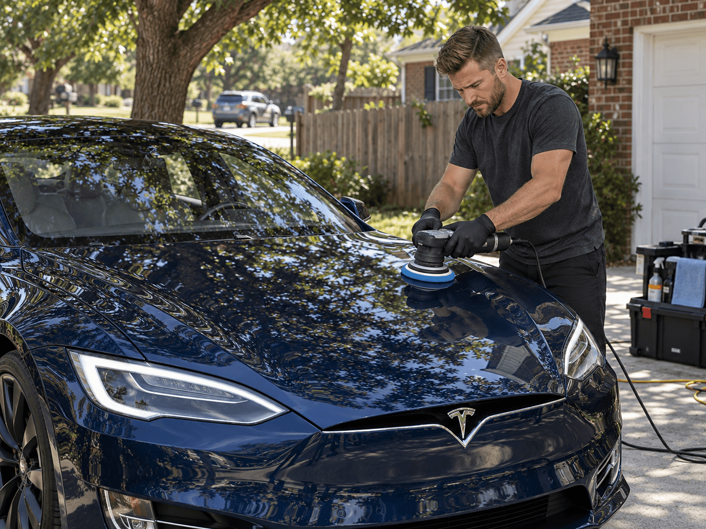 Detailer polishing a dark-blue car in a driveway