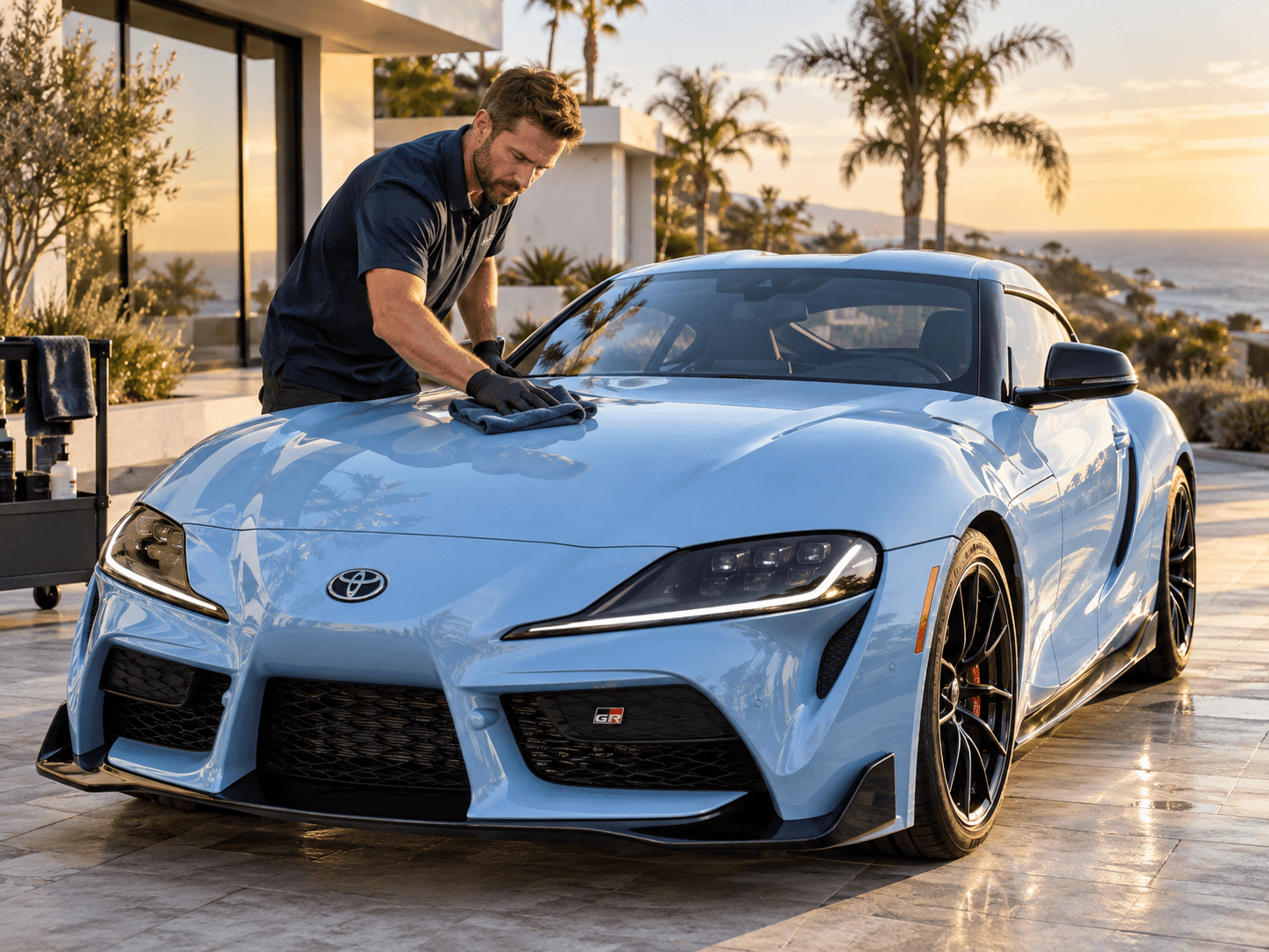 Detailer wiping a light-blue car in a driveway